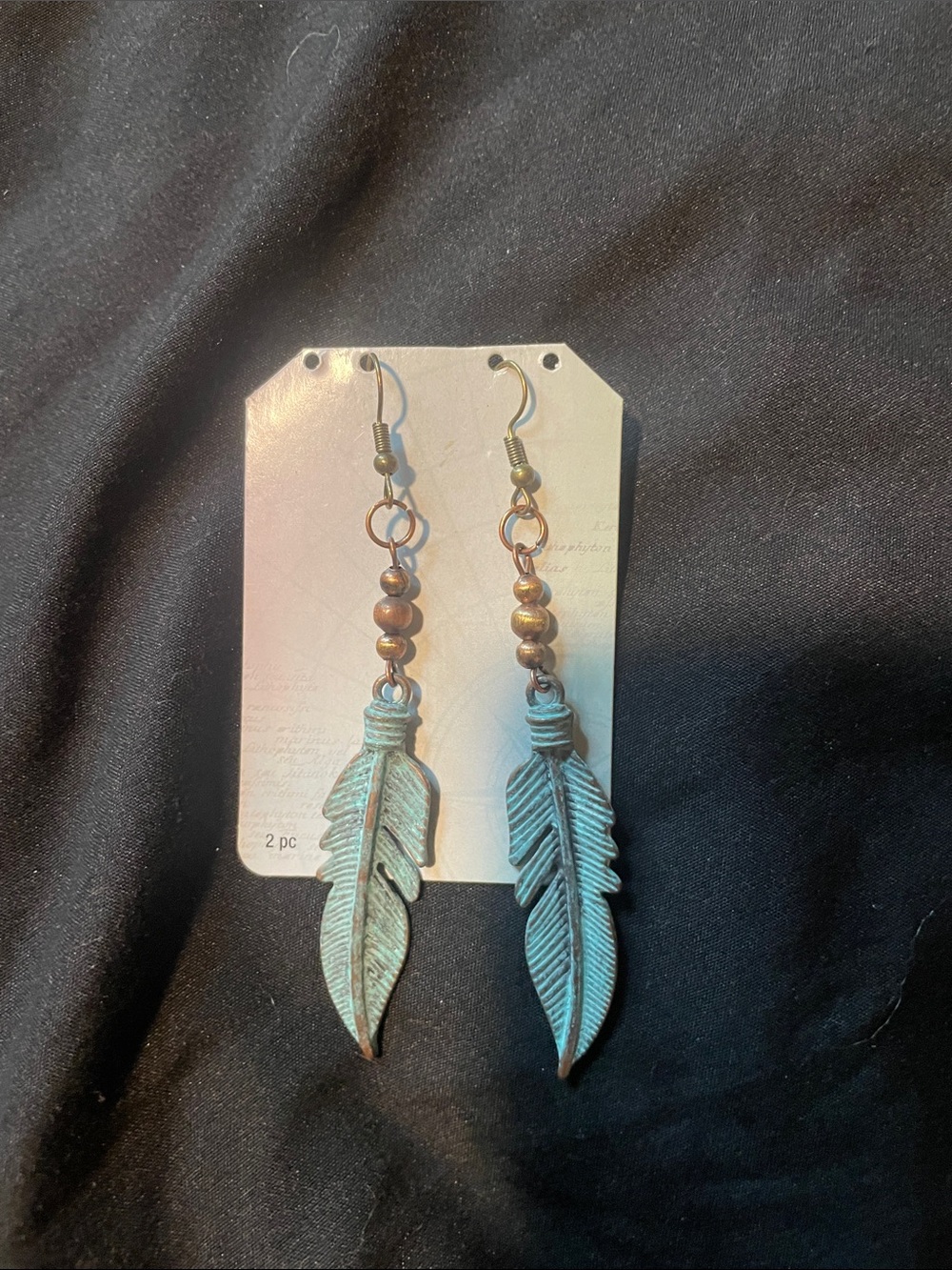 Patina Feather Drop Earrings with Bronze Accents - Women Jewelry